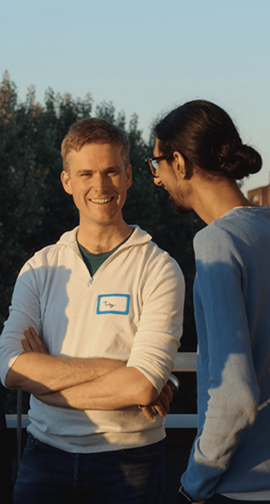 Two Beauhurst team members chatting